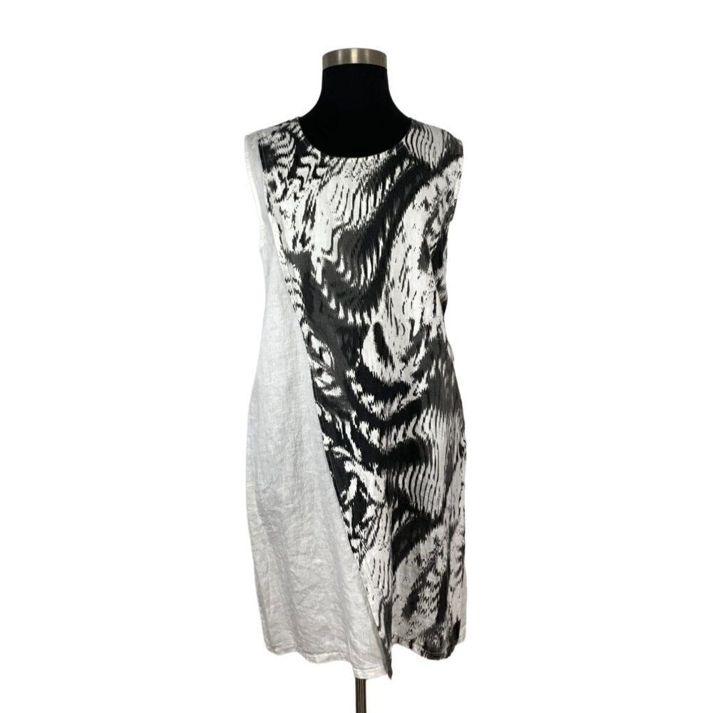 Eden Rock XXL Black White Linen Midi Dress Abstract Art To Wear Lagenlook Layere